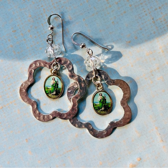 SOLD St. Jude Hammered Silver Dangle Earrings - Picture 13 of 16